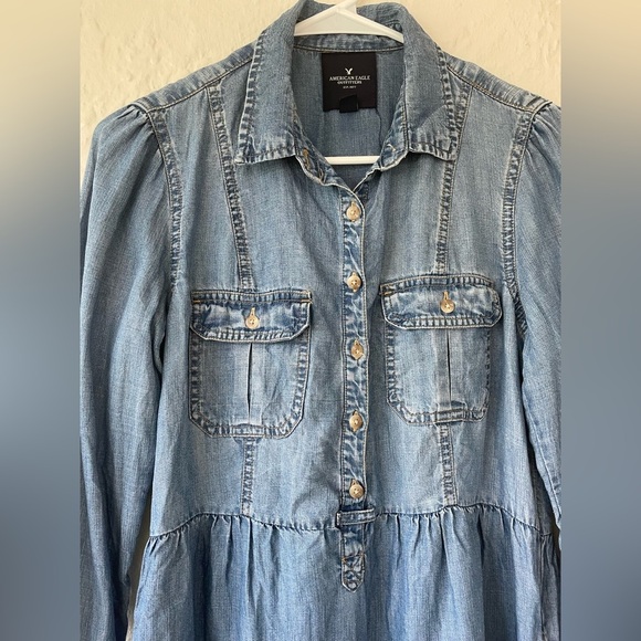 American Eagle Fit Flare Blue Chambray Denim Dress Long Sleeve Button Up Size S - Picture 5 of 10